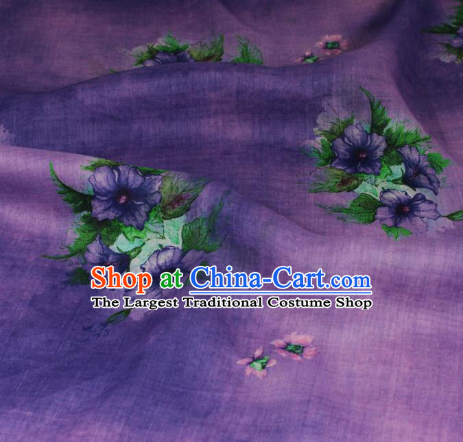 Chinese Purple Flax Cloth Traditional Printing Lili Flowers Pattern Ramine Fabric Asian Qipao Dress Linen Drapery