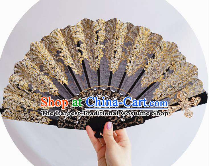 Classical Crucifix Fan Wedding Black Lace Accordion Handmade Retro Court Folding Fans