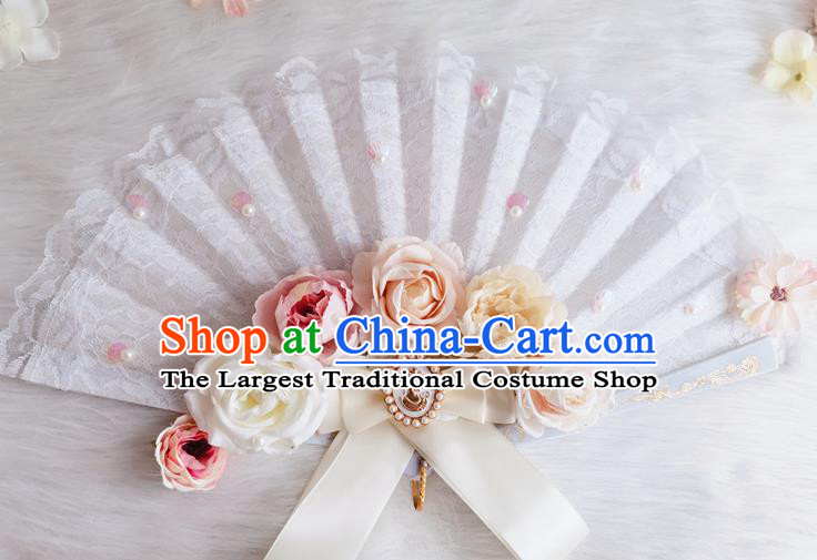 Classical Europe Court White Lace Fan Handmade Retro Folding Fans Rose Flowers Accordion