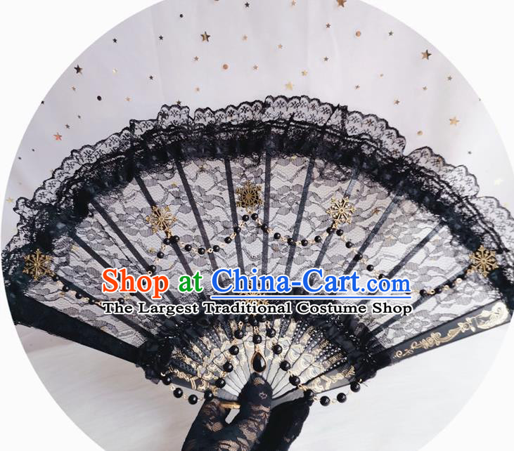 Classical Gothic Black Lace Fan Handmade Dance Folding Fans Europe Court Retro Black Lace Accordion