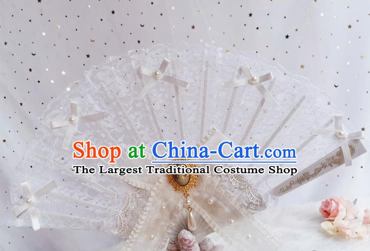 Classical Retro White Lace Fan Handmade Dance Folding Fans Europe Court Princess Bowknot Accordion