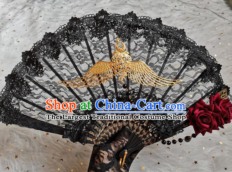 Classical Golden Phoenix Fan Handmade Europe Court Dance Folding Fans Gothic Black Lace Accordion