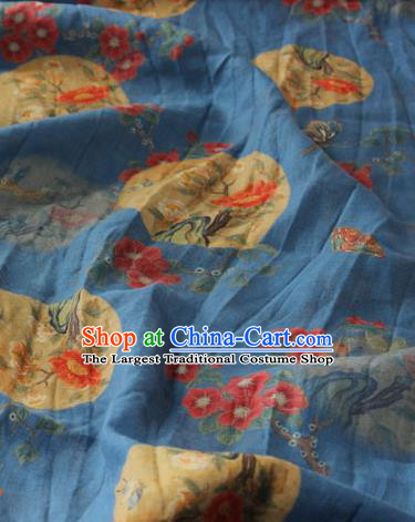 Asian Chinese Printing Flowers Birds Pattern Blue Flax Fabric Traditional Qipao Dress Cloth Linen Drapery