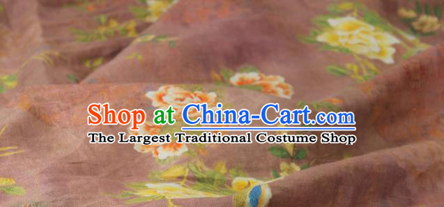 Chinese Traditional Printing Peony Birds Pattern Rust Red Flax Fabric Linen Drapery Asian Qipao Dress Cloth