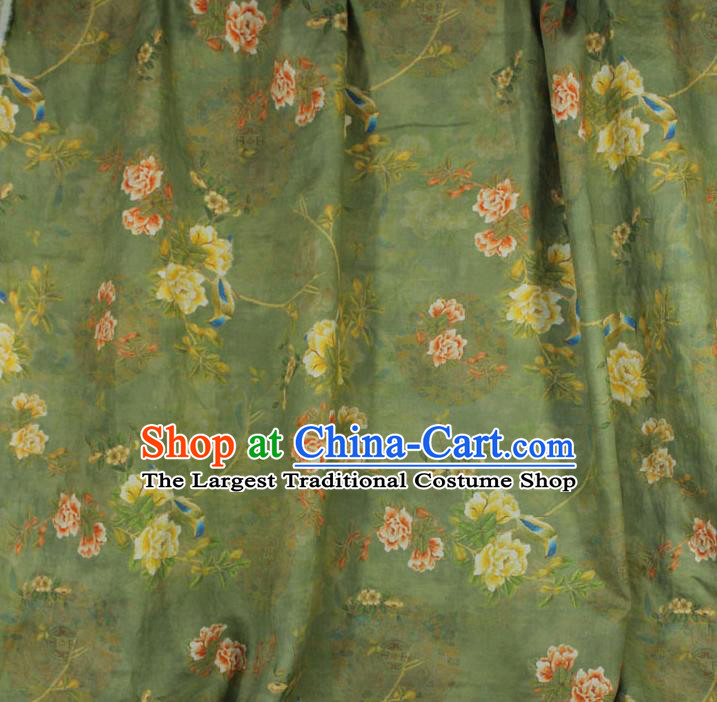 Chinese Linen Drapery Asian Qipao Dress Cloth Traditional Printing Peony Pattern Light Green Flax Fabric