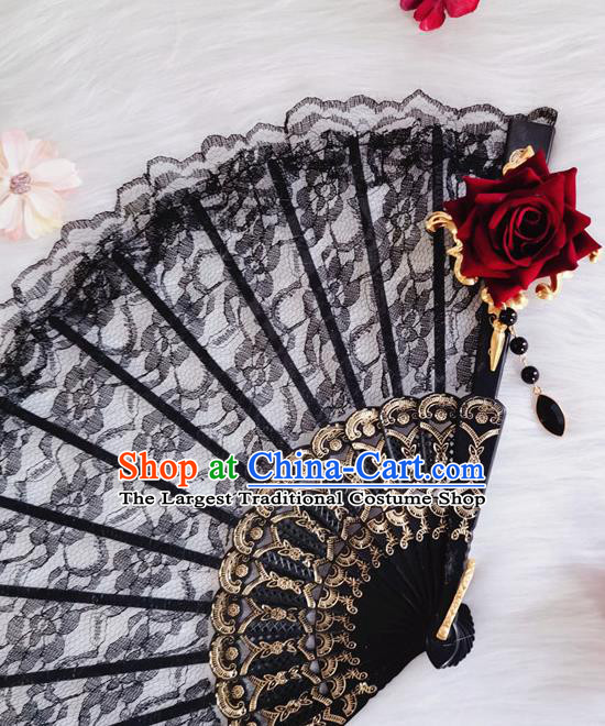 Classical Red Rose Flower Fan Handmade Retro Folding Fans Europe Court Black Lace Accordion