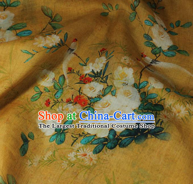 Chinese Printing Rose Flowers Pattern Yellow Ramine Qipao Dress Cloth Flax Fabric Asian Traditional Linen Drapery