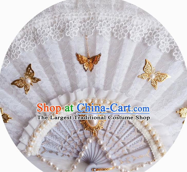 Classical Golden Butterfly Fan Handmade Retro White Lace Folding Fans Europe Court Pearls Accordion