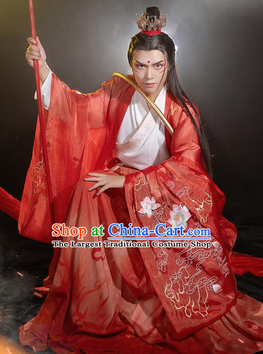 China Traditional Cosplay Ne Zha Hanfu Apparels Ancient Swordsman Costumes Red Cape Shirt and Skirt Full Set