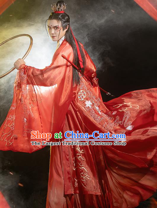 China Traditional Cosplay Ne Zha Hanfu Apparels Ancient Swordsman Costumes Red Cape Shirt and Skirt Full Set