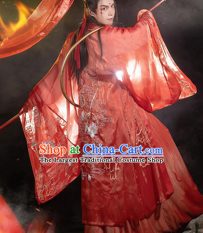 China Traditional Cosplay Ne Zha Hanfu Apparels Ancient Swordsman Costumes Red Cape Shirt and Skirt Full Set