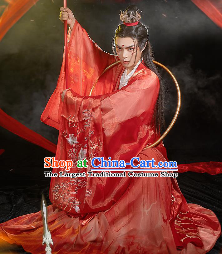 China Traditional Cosplay Ne Zha Hanfu Apparels Ancient Swordsman Costumes Red Cape Shirt and Skirt Full Set