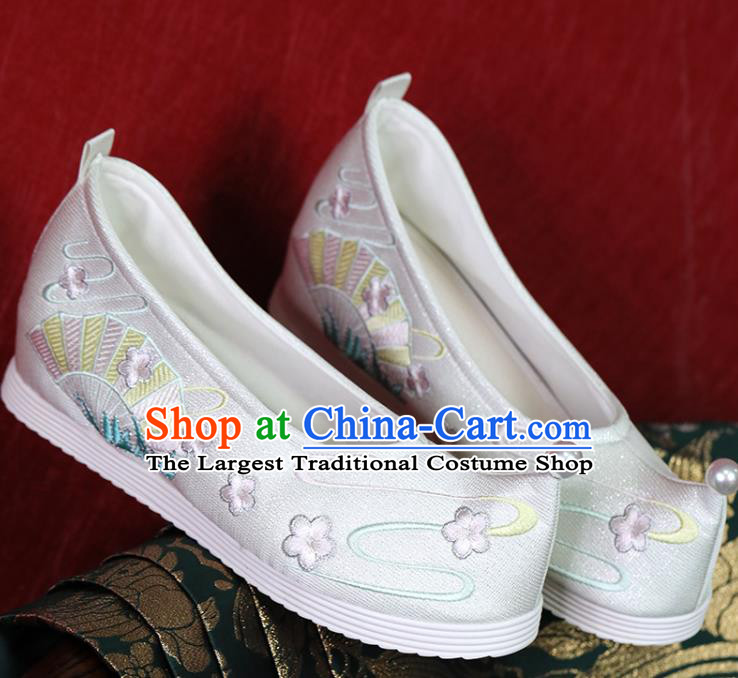 China Ming Dynasty Young Lady White Satin Shoes Handmade Shoes Hanfu Shoes Princess Shoes Embroidered Shoes