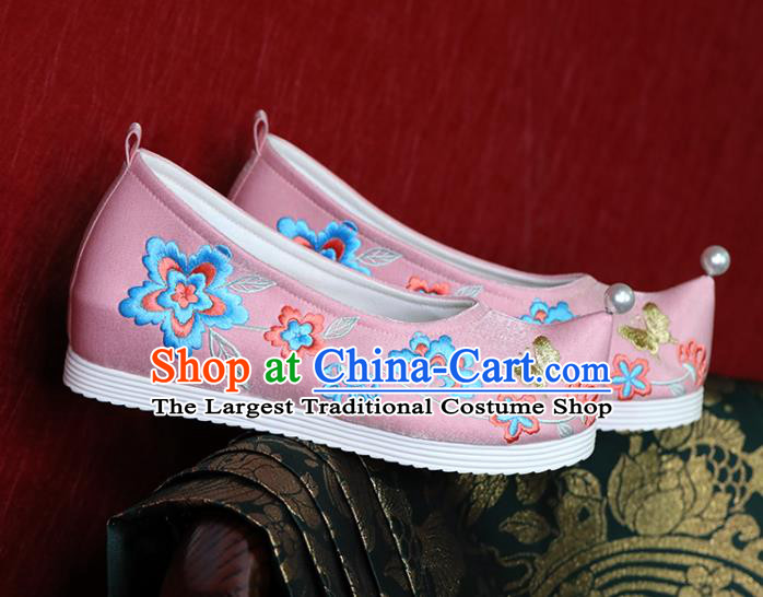 China Tang Dynasty Princess Shoes Handmade Wedding Shoes Pink Cloth Hanfu Shoes Embroidered Shoes