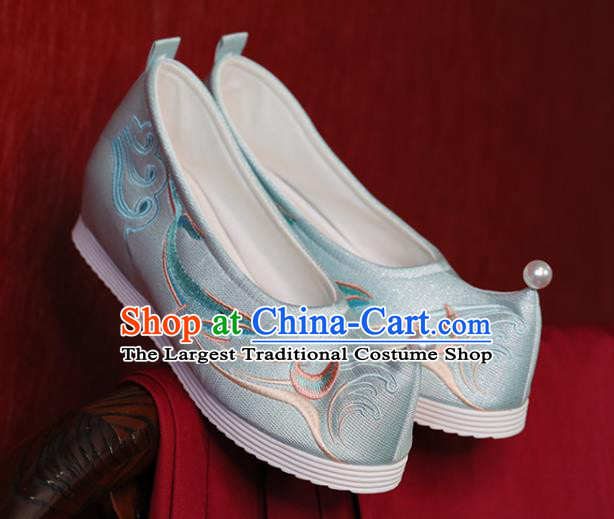 China Light Blue Cloth Shoes Hanfu Shoes Embroidered Whale Shoes Princess Shoes Handmade Bow Shoes