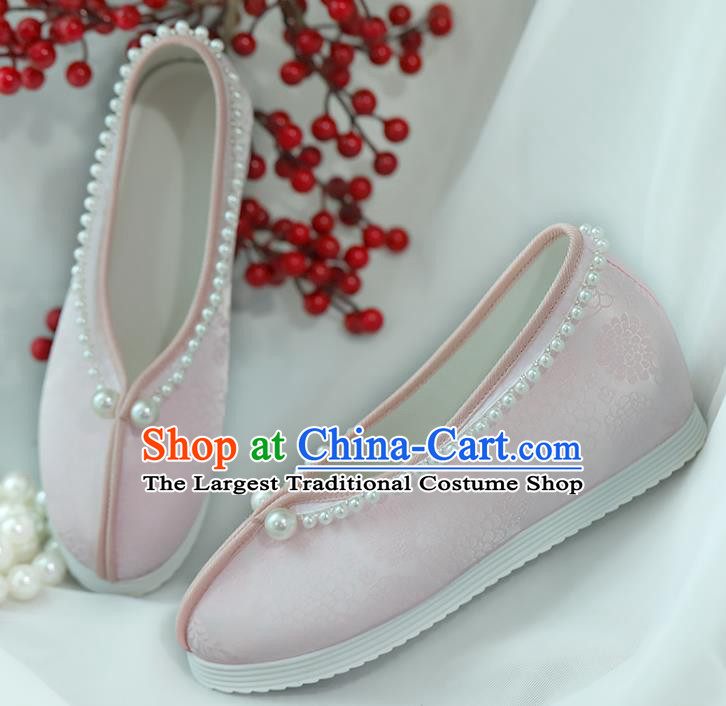 China Hanfu Pearls Shoes Princess Shoes Handmade Shoes Pink Satin Shoes Women Shoes