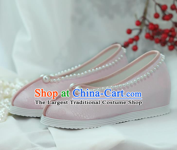 China Hanfu Pearls Shoes Princess Shoes Handmade Shoes Pink Satin Shoes Women Shoes