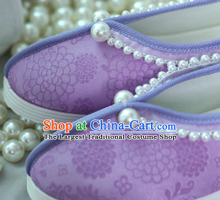 China Women Shoes Handmade Shoes Purple Satin Shoes Hanfu Pearls Shoes Princess Shoes