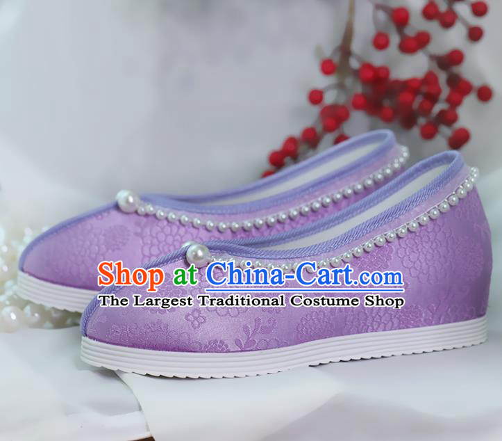 China Women Shoes Handmade Shoes Purple Satin Shoes Hanfu Pearls Shoes Princess Shoes