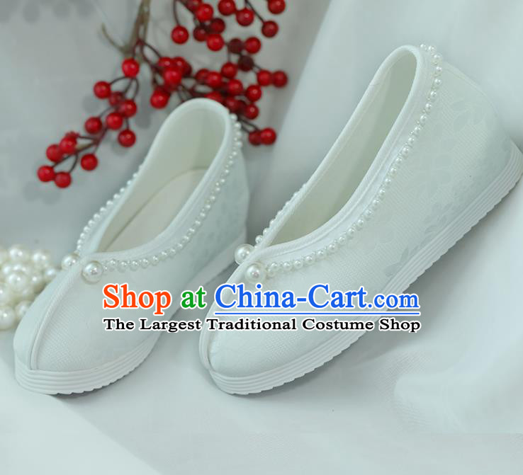 China Goddess Shoes Handmade Shoes White Satin Shoes Princess Shoes Hanfu Pearls Shoes