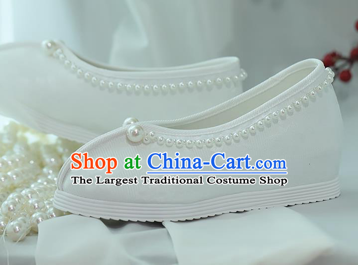 China Goddess Shoes Handmade Shoes White Satin Shoes Princess Shoes Hanfu Pearls Shoes