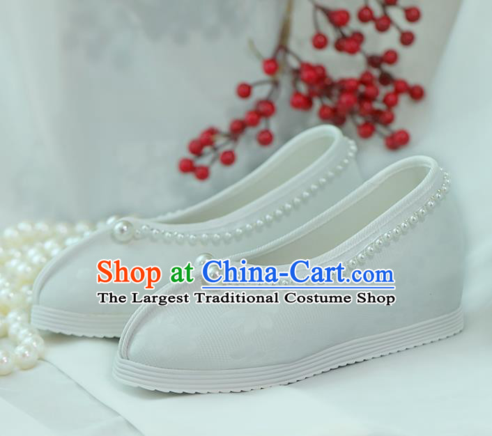 China Goddess Shoes Handmade Shoes White Satin Shoes Princess Shoes Hanfu Pearls Shoes