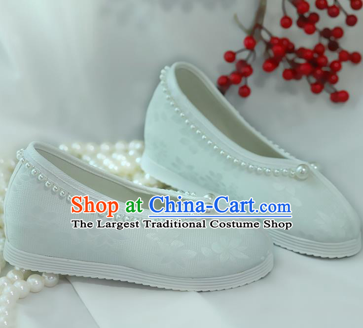 China Goddess Shoes Handmade Shoes White Satin Shoes Princess Shoes Hanfu Pearls Shoes