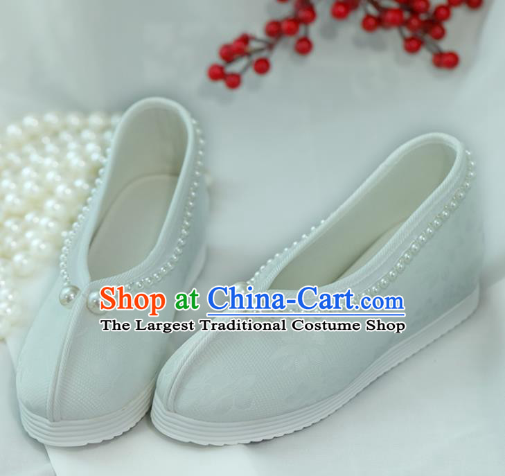 China Goddess Shoes Handmade Shoes White Satin Shoes Princess Shoes Hanfu Pearls Shoes