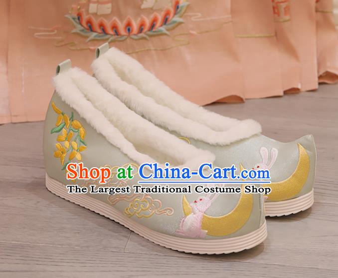 Handmade China Embroidered Moon Fragrans Rabbit Light Green Shoes Cloth Shoes Princess Shoes Hanfu Shoes Women Shoes