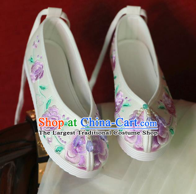 China Embroidered Purple Peony Shoes Hanfu Pearls Shoes Princess Shoes Handmade Beijing Cloth Shoes