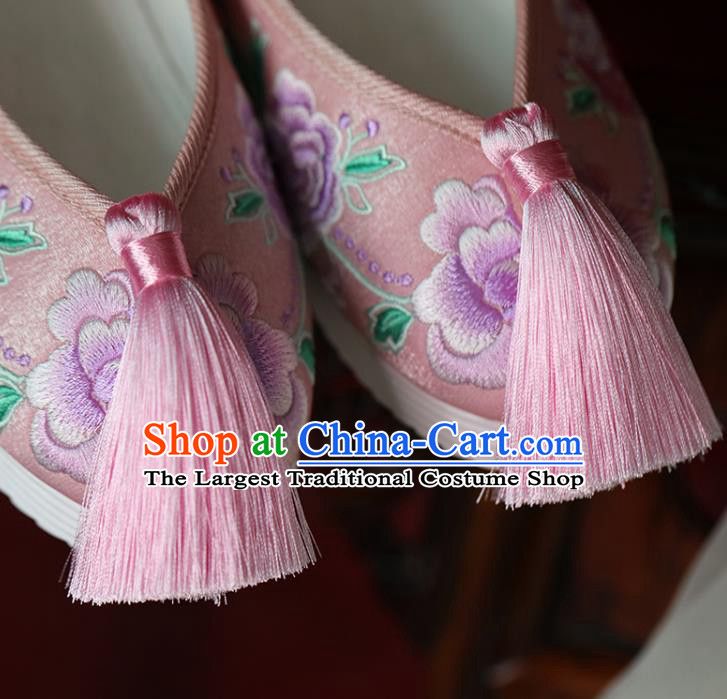 China Hanfu Pearls Shoes Princess Shoes Handmade Beijing Cloth Shoes Embroidered Peony Pink Shoes