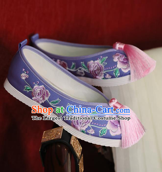 China Princess Shoes Handmade Beijing Cloth Shoes Embroidered Peony Purple Shoes Hanfu Pearls Shoes