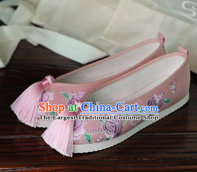 China Hanfu Pearls Shoes Princess Shoes Handmade Beijing Cloth Shoes Embroidered Peony Pink Shoes