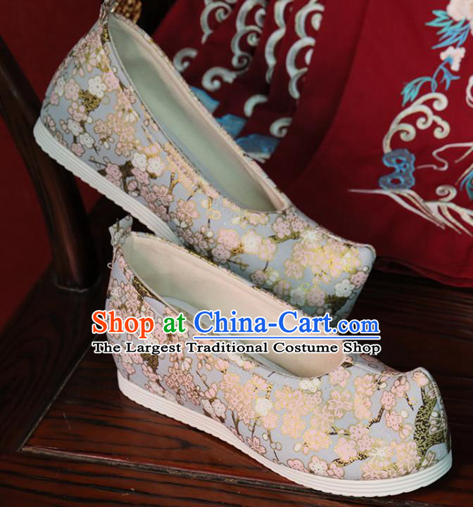 China Classical Plum Blossom Pattern Blue Brocade Shoes Hanfu Bow Shoes Princess Shoes Handmade Cloth Shoes