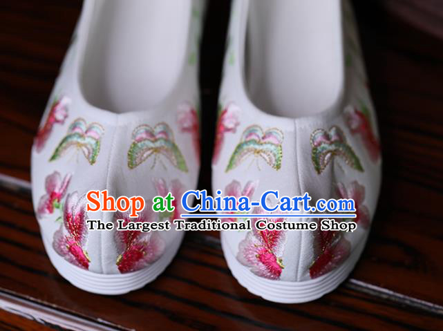 China White Cloth Shoes Handmade Bow Shoes Princess Shoes Hanfu Shoes Embroidered Butterfly Flowers Shoes