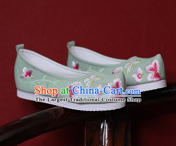 China Hanfu Shoes Princess Shoes Embroidered Butterfly Flowers Shoes Green Cloth Shoes Handmade Bow Shoes