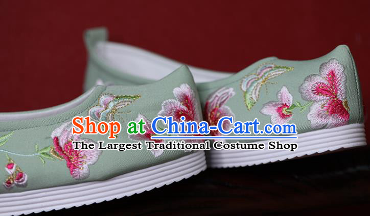China Hanfu Shoes Princess Shoes Embroidered Butterfly Flowers Shoes Green Cloth Shoes Handmade Bow Shoes