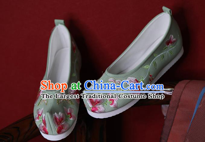 China Hanfu Shoes Princess Shoes Embroidered Butterfly Flowers Shoes Green Cloth Shoes Handmade Bow Shoes