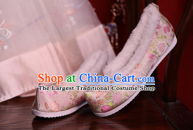 China Hanfu Shoes Ming Dynasty Princess Shoes Handmade Winter Shoes Beige Brocade Shoes