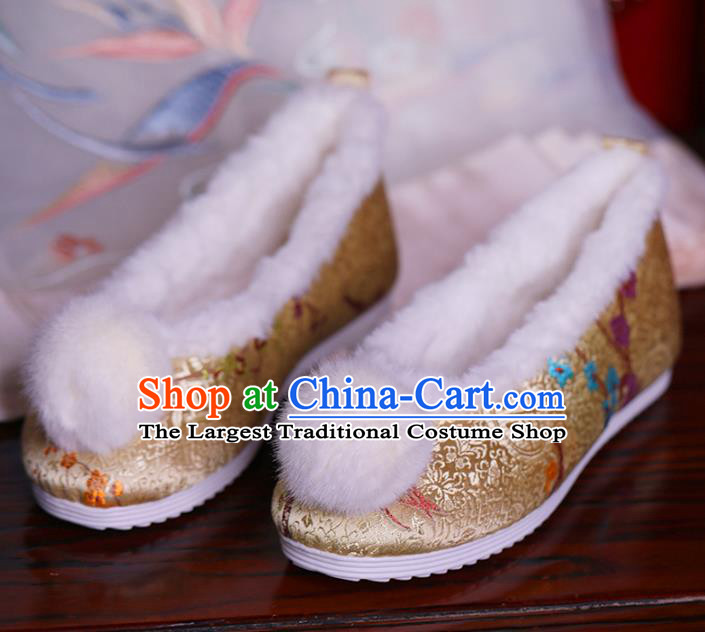 China Ming Dynasty Princess Shoes Golden Brocade Shoes Hanfu Shoes Handmade Winter Shoes