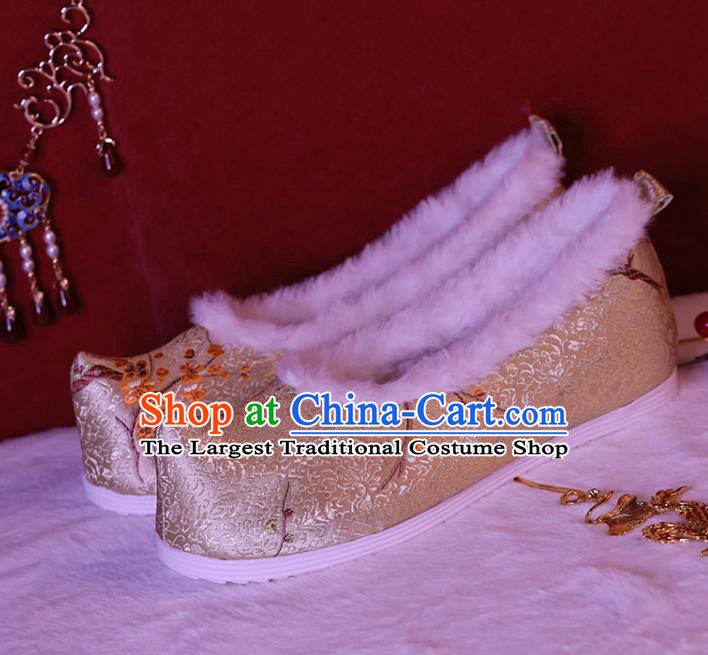 China Ancient Bow Shoes Ming Dynasty Princess Shoes Golden Brocade Shoes Handmade Winter Shoes Hanfu Shoes