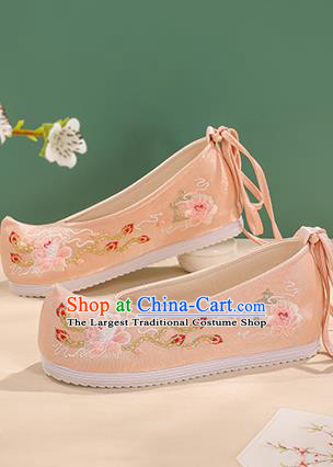 China Ming Dynasty Princess Shoes Embroidered Peony Shoes Female Shoes Hanfu Shoes Handmade Pink Cloth Shoes