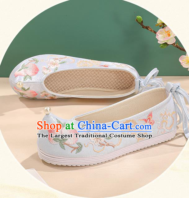 China Handmade Embroidered Peach Shoes Bride Shoes Hanfu Shoes Princess Shoes Light Blue Bow Shoes