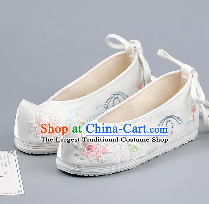 China Embroidered Lotus Shoes Han Dynasty Shoes Traditional Hanfu Shoes Princess Shoes White Cloth Shoes