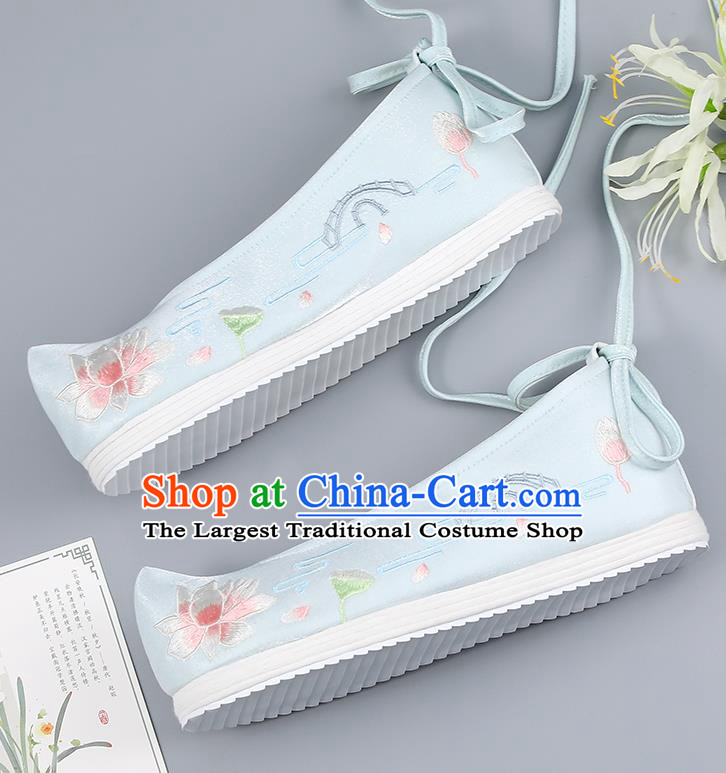 China Ming Dynasty Shoes Traditional Hanfu Shoes Princess Shoes Light Blue Cloth Shoes Embroidered Lotus Shoes