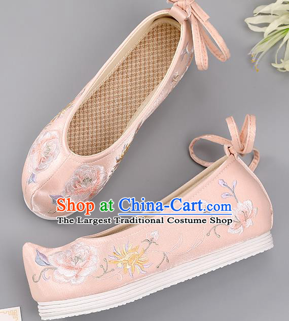 China Handmade Pink Cloth Shoes Embroidered Peony Shoes Princess Shoes Ming Dynasty Shoes Traditional Hanfu Shoes