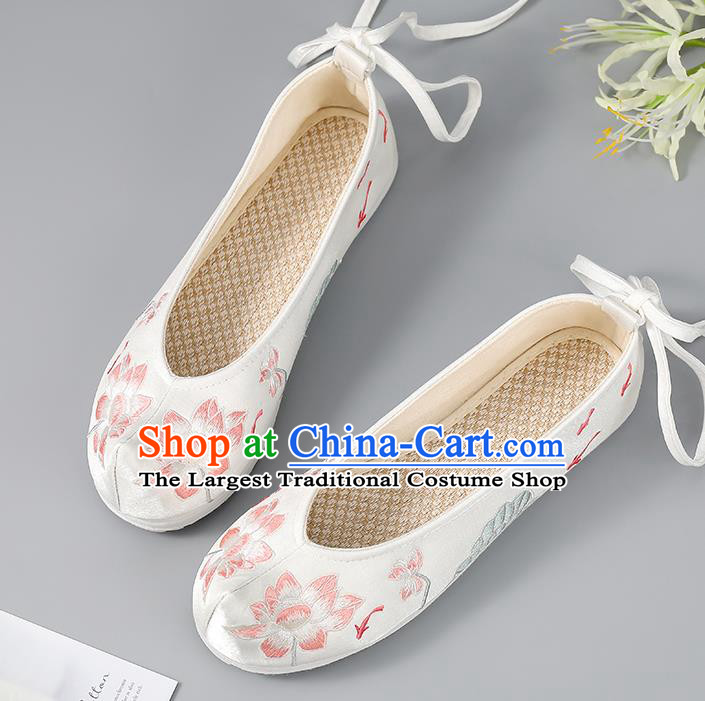 China Hanfu Shoes Handmade Cloth Shoes Ancient Princess Bow Shoes Traditional Embroidered Lotus Shoes