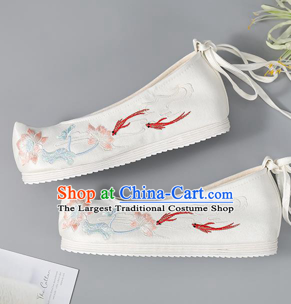 China Embroidered Lotus Fishes Shoes Hanfu Shoes Ancient Princess Shoes Traditional Women Shoes Handmade Cloth Shoes