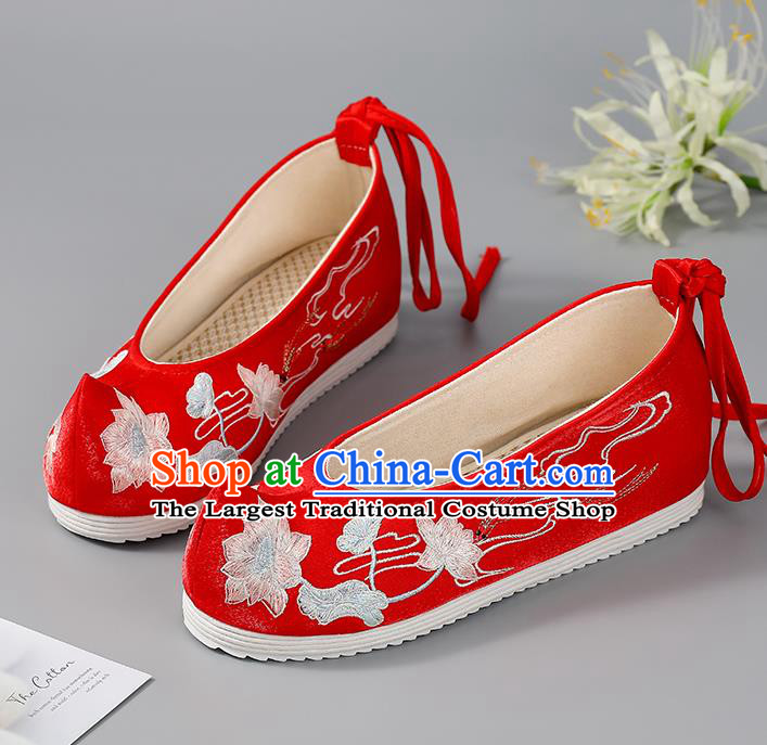 China Bride Shoes Traditional Embroidered Lotus Fishes Shoes Hanfu Shoes Handmade Red Cloth Shoes Wedding Shoes