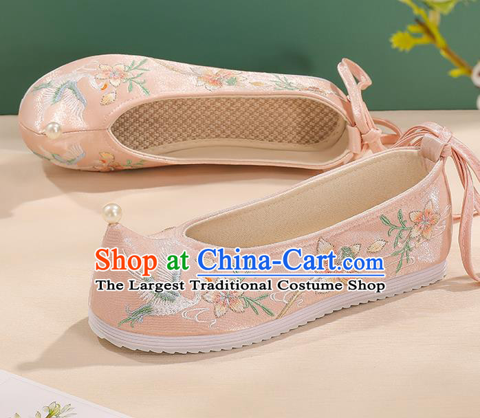 China Embroidered Flower Crane Shoes Pink Bow Shoes Handmade Princess Shoes Traditional Hanfu Cloth Shoes